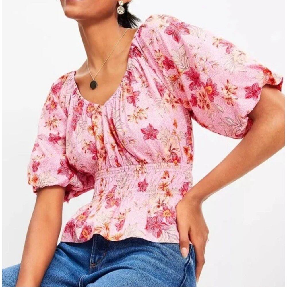 NWT LOFT Lily Blouse Top XL Gathered Waist Puff Sleeve Pink Floral Romantic $70